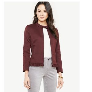 Ann Taylor burgundy zipper jacket with ruffle trim - like new